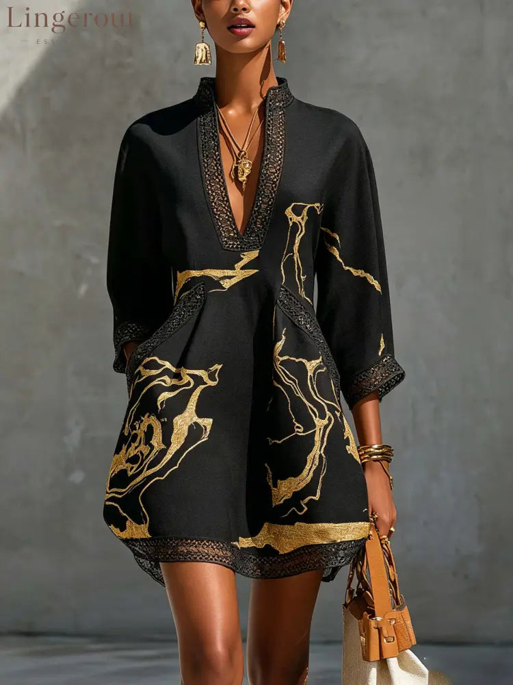 Loose Resort Style Cotton And Linen Short Dress With Straps - Black / XS