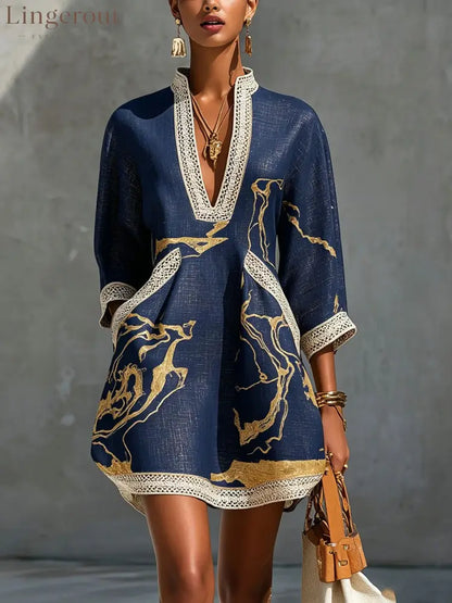 Loose Resort Style Cotton And Linen Short Dress With Straps - Blue / XS