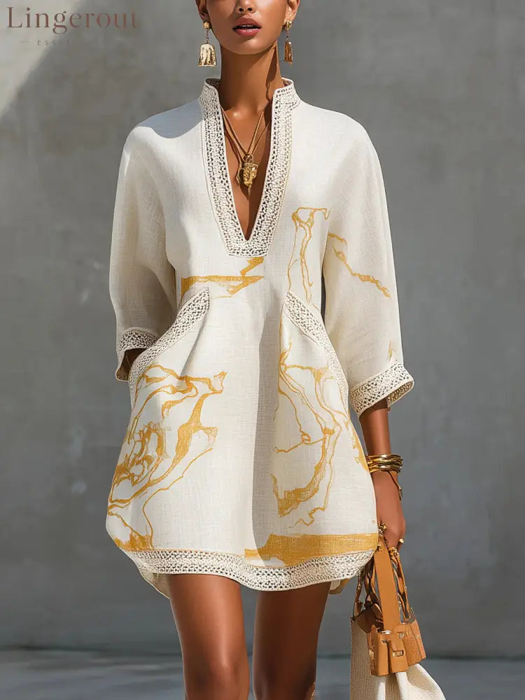 Loose Resort Style Cotton And Linen Short Dress With Straps - White / XS