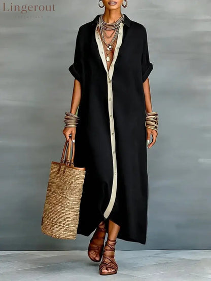 Loose Short Sleeves Buttoned Pockets Split-Joint Lapel Maxi Dresses - BLACK / S