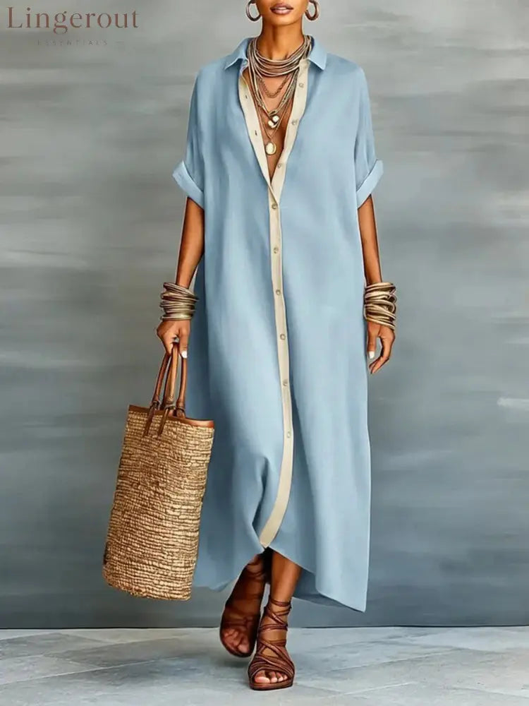 Loose Short Sleeves Buttoned Pockets Split-Joint Lapel Maxi Dresses - BLUE / S
