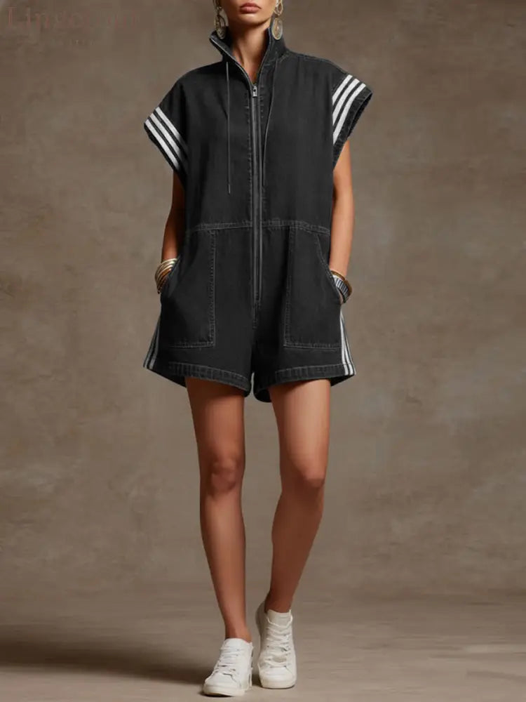 Loose Sleeveless Contrast Color Drawstring Pockets Split-Joint Striped Zipper Stand Collar Rompers - BLACK / S