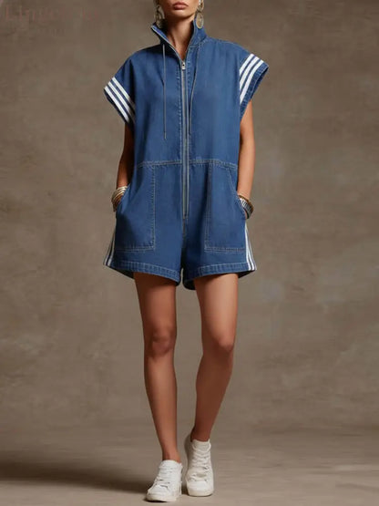 Loose Sleeveless Contrast Color Drawstring Pockets Split-Joint Striped Zipper Stand Collar Rompers - BLUE / S