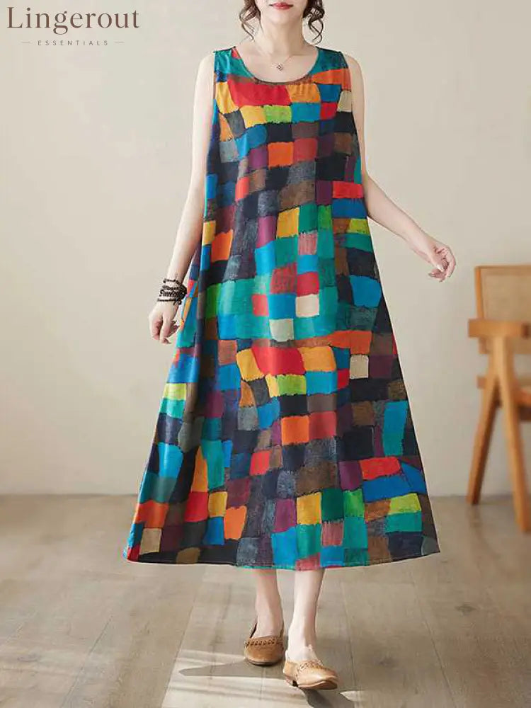 Loose Sleeveless Contrast Color Multi-Colored Plaid Round-Neck Midi Dresses