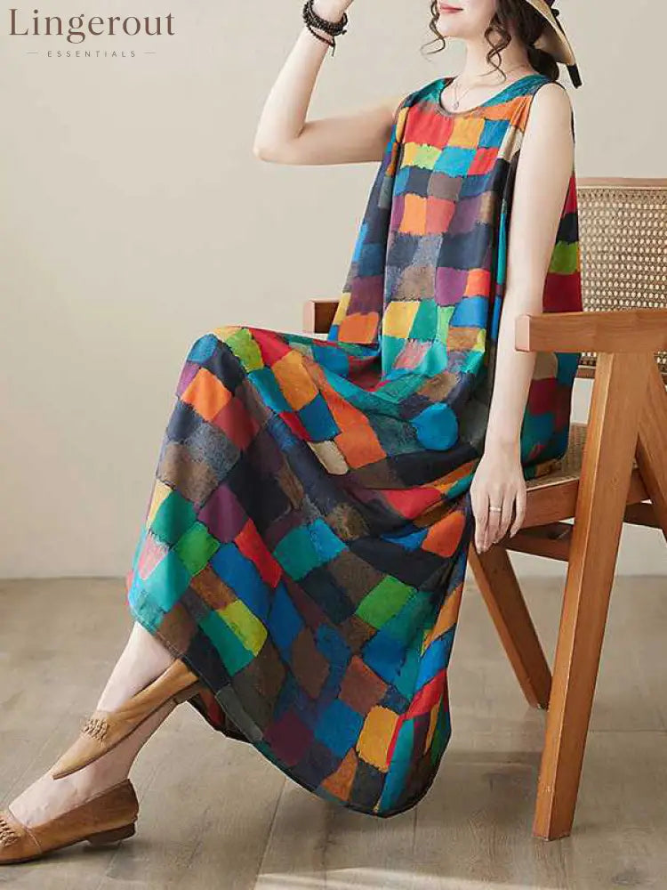 Loose Sleeveless Contrast Color Multi-Colored Plaid Round-Neck Midi Dresses