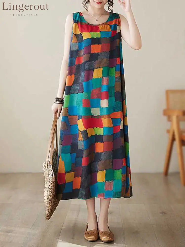 Loose Sleeveless Contrast Color Multi-Colored Plaid Round-Neck Midi Dresses