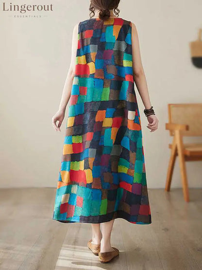 Loose Sleeveless Contrast Color Multi-Colored Plaid Round-Neck Midi Dresses