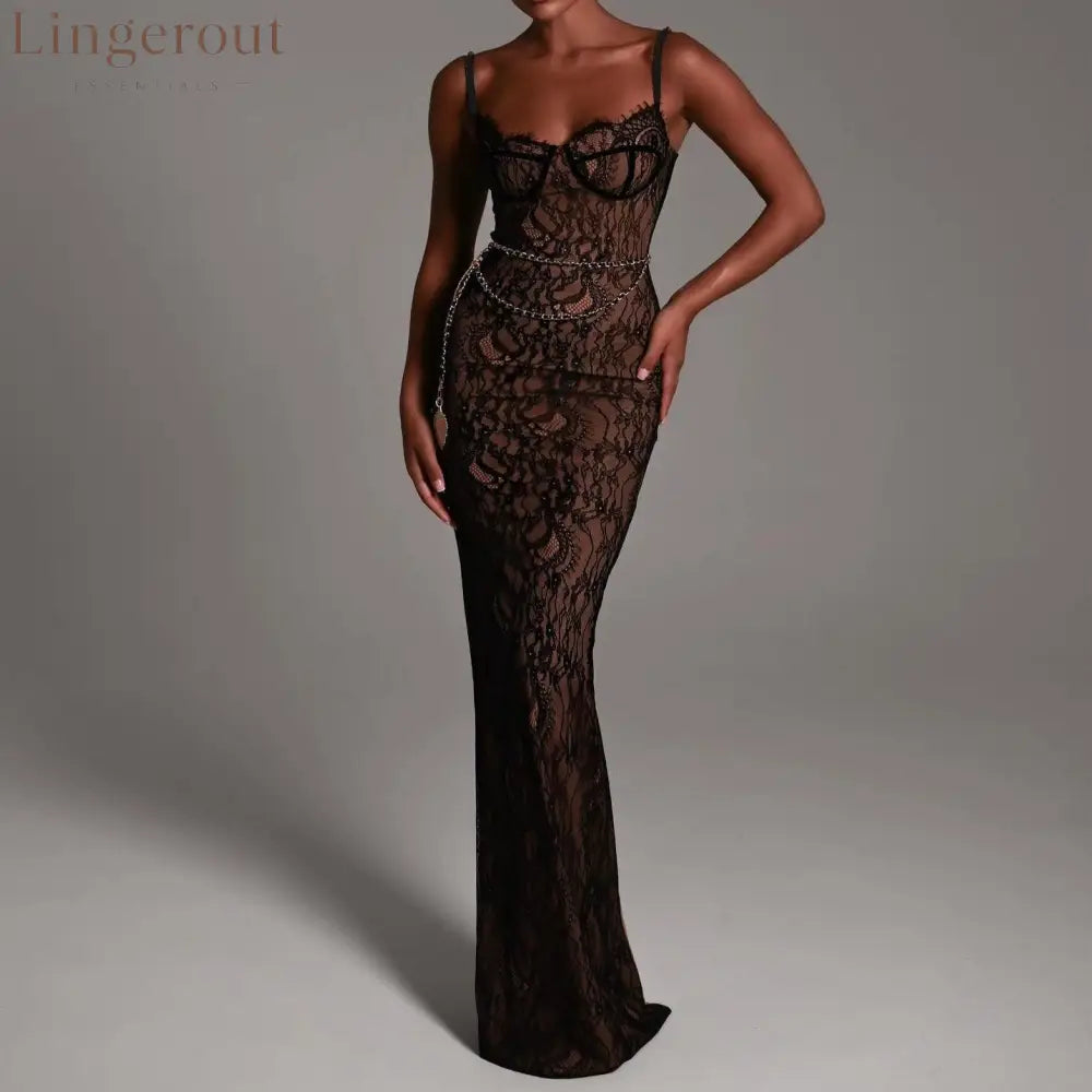 Lovely Lace Backless Black Maxi Dress - S