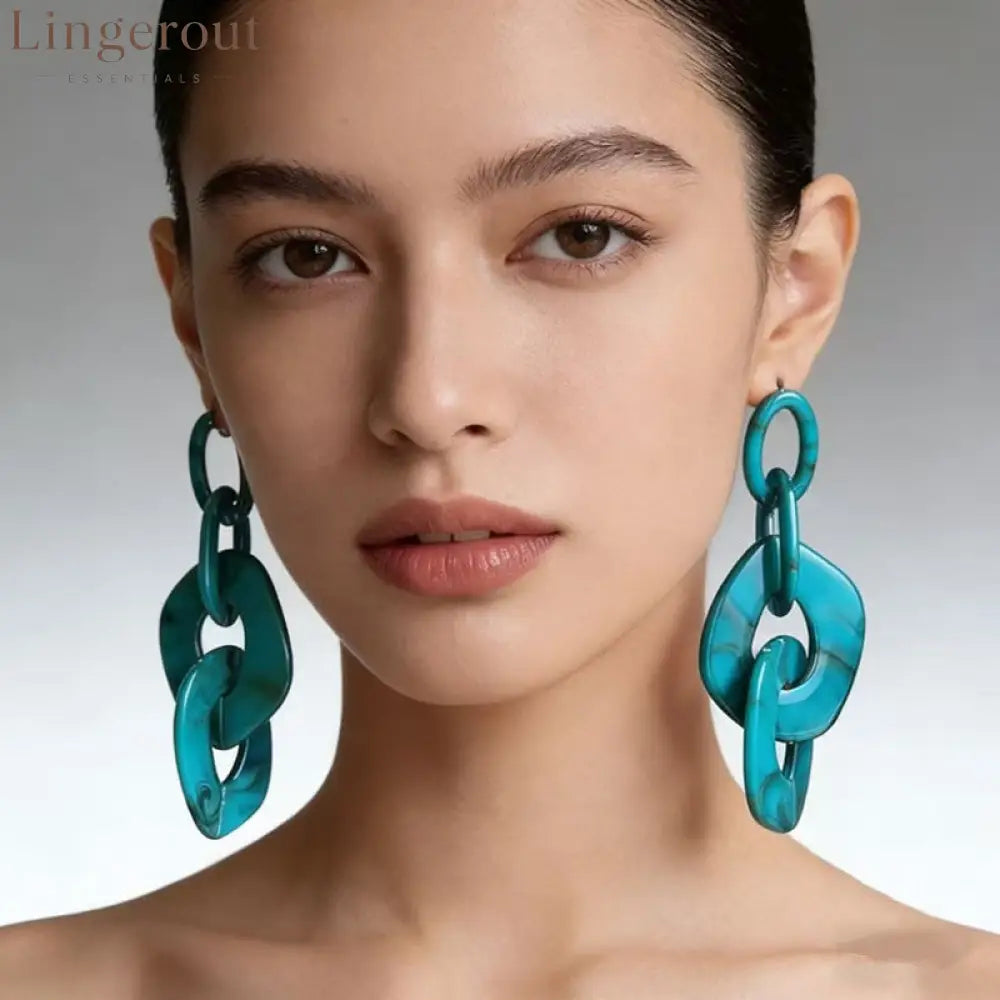 Marbled Resin Interlocked Chain Drop Earrings Oversized Chunky Link Statement Dangle Earrings