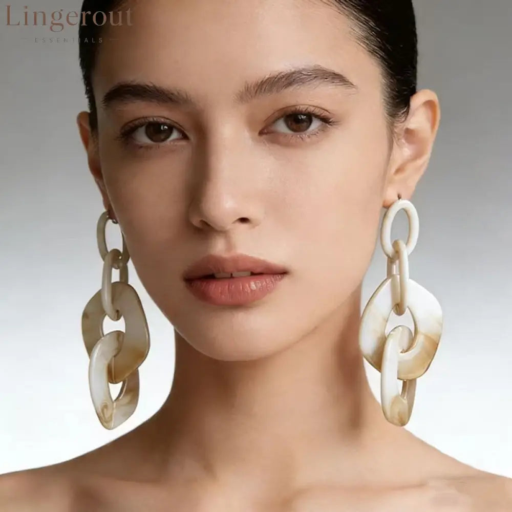 Marbled Resin Interlocked Chain Drop Earrings Oversized Chunky Link Statement Dangle Earrings