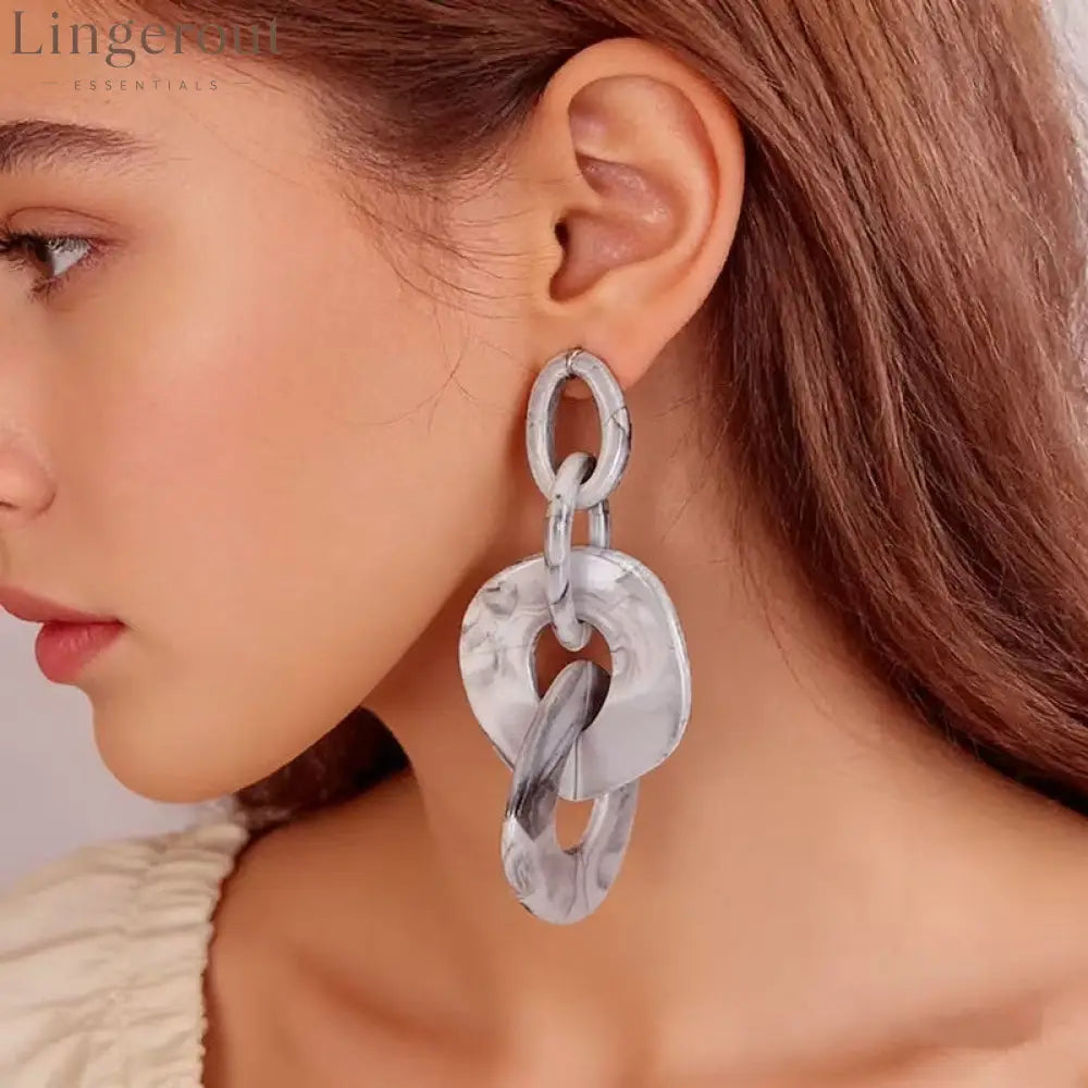 Marbled Resin Interlocked Chain Drop Earrings Oversized Chunky Link Statement Dangle Earrings - Grey