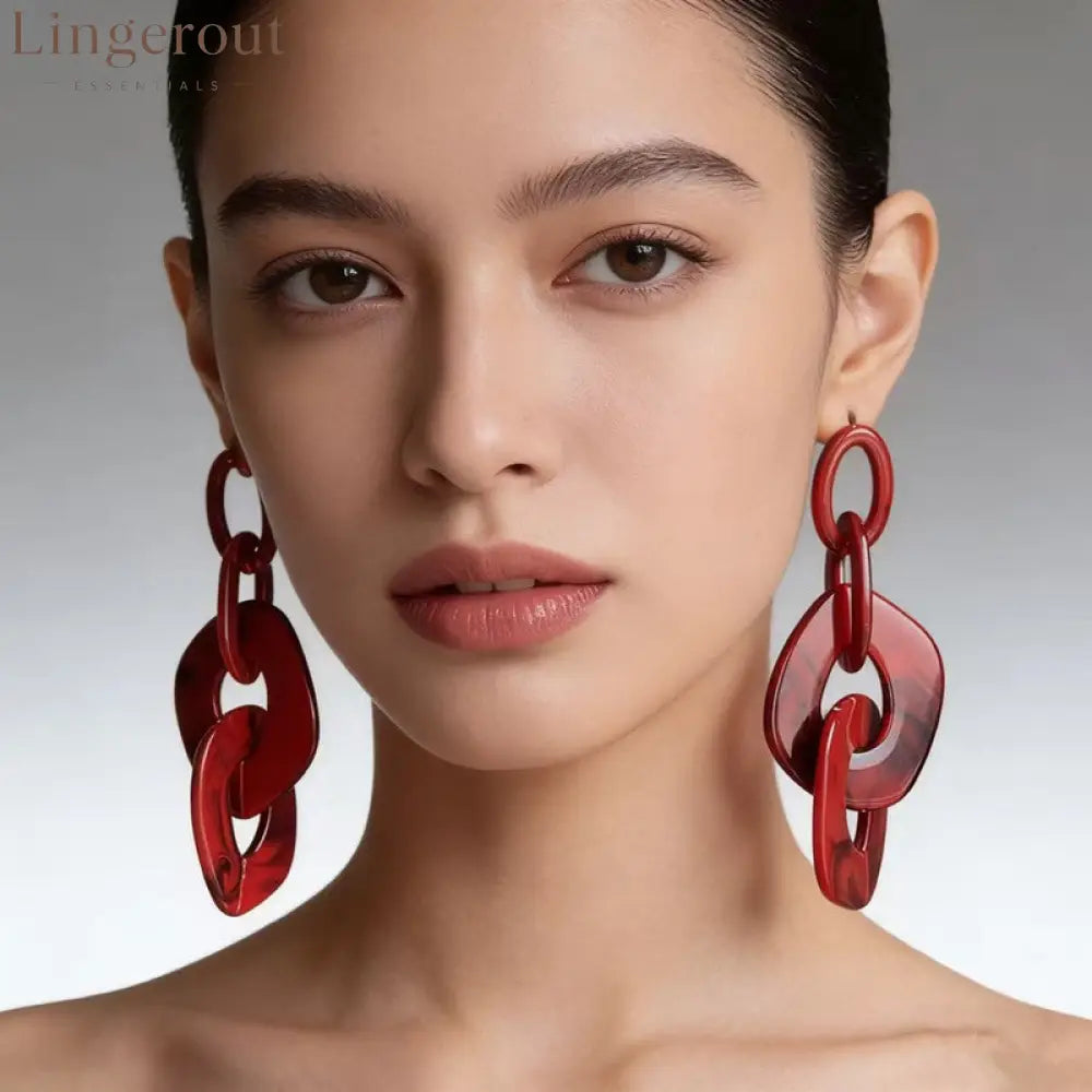 Marbled Resin Interlocked Chain Drop Earrings Oversized Chunky Link Statement Dangle Earrings - Red