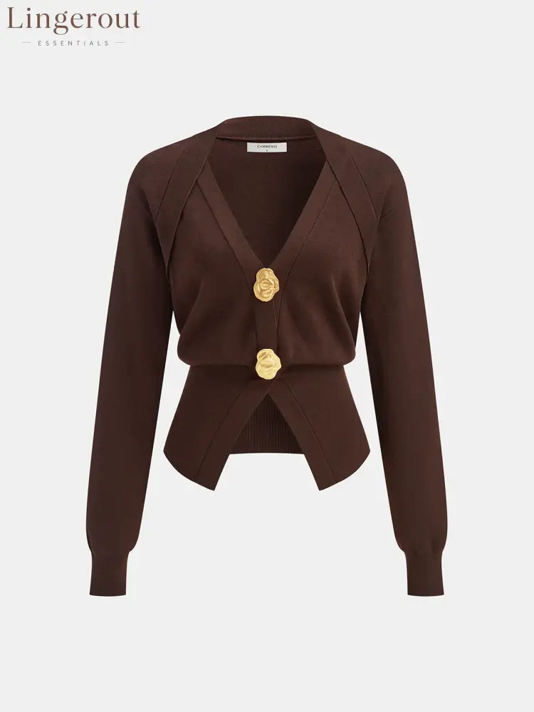 Metal Detail V-Neck Wool Blend Sweater