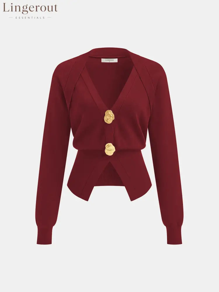 Metal Detail V-Neck Wool Blend Sweater