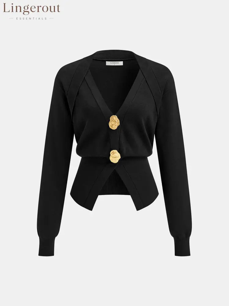 Metal Detail V-Neck Wool Blend Sweater - Black / XS