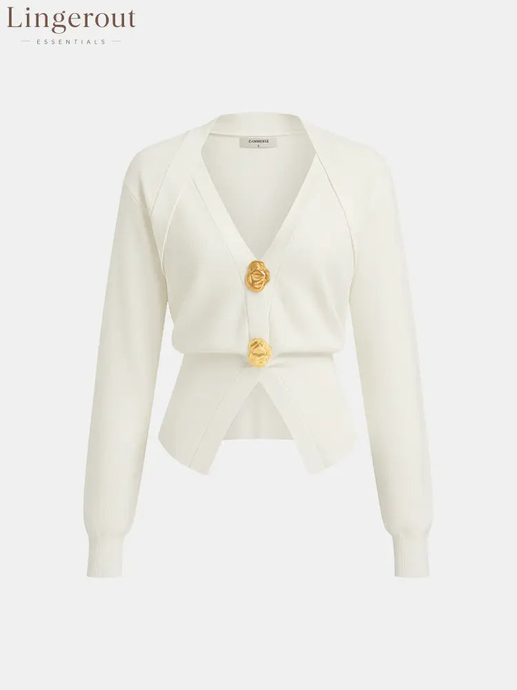 Metal Detail V-Neck Wool Blend Sweater - White / XS