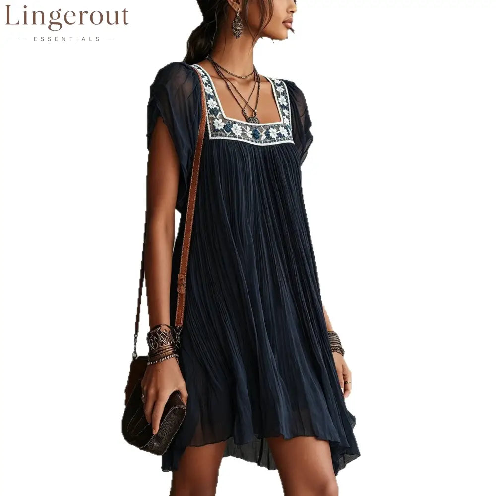 Midnight Floral Embroidered Pleated Mini Dress