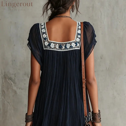 Midnight Floral Embroidered Pleated Mini Dress