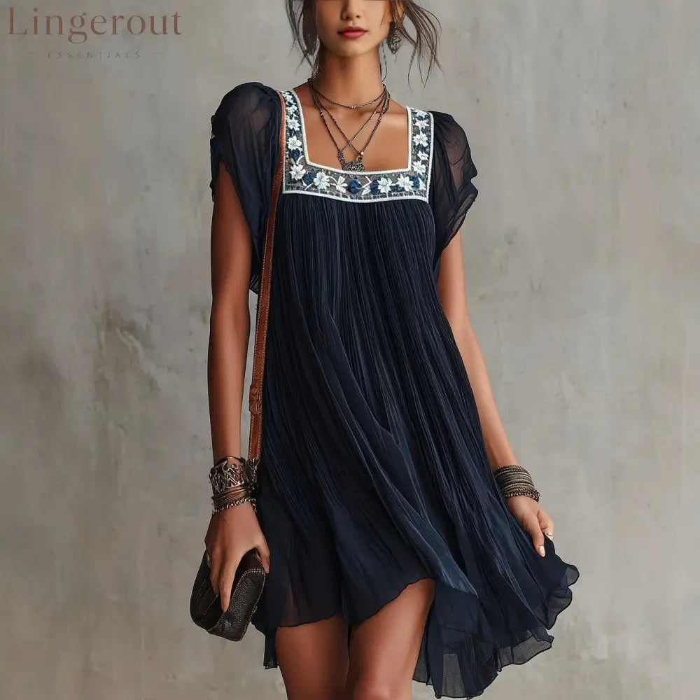 Midnight Floral Embroidered Pleated Mini Dress - Navy blue / S