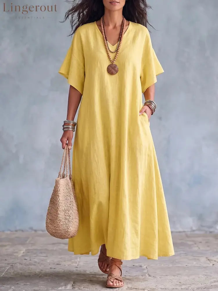 Minimalist Elegant Cotton-linen Dress - Yellow / S