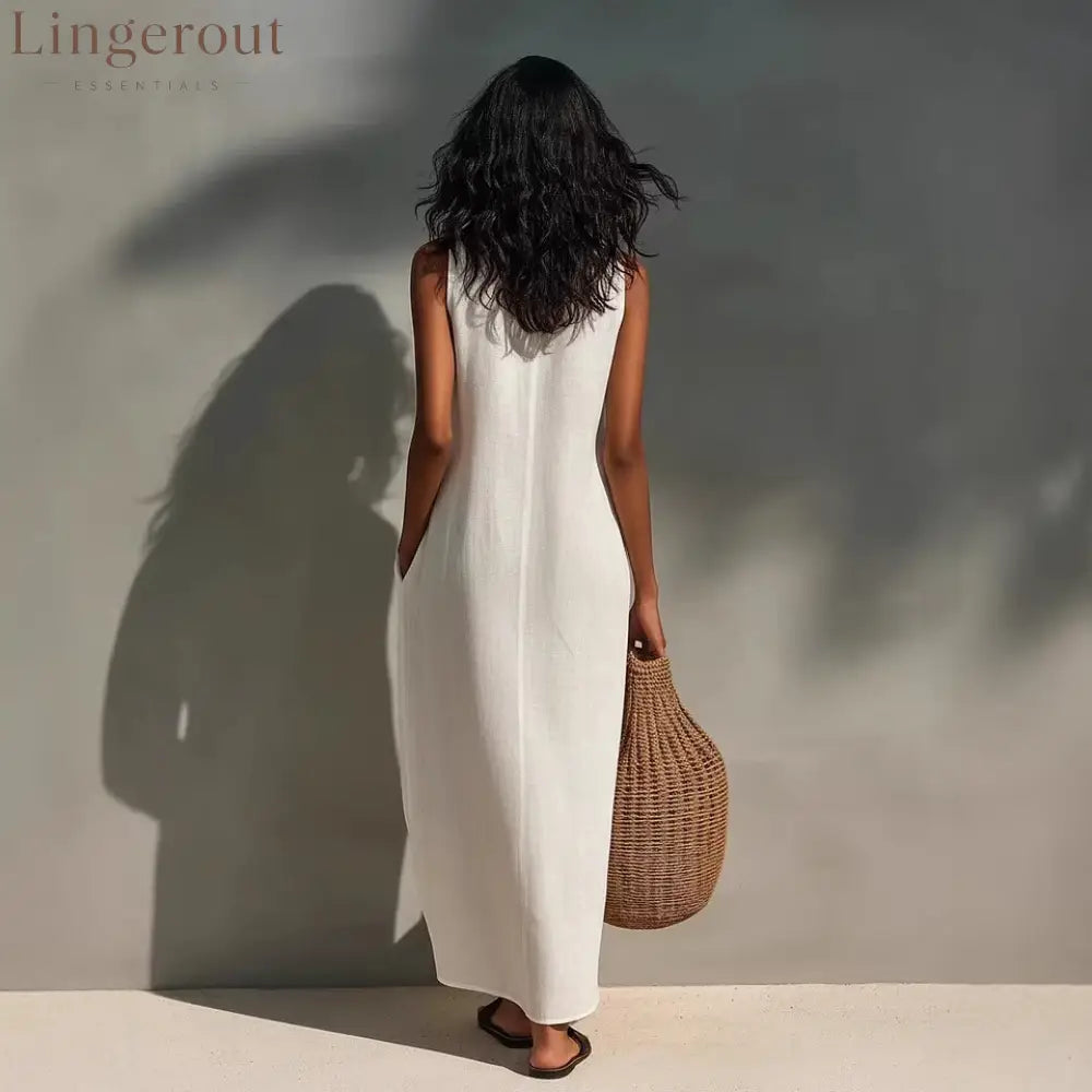 Minimalist Linen Halter Maxi Dress | Sleeveless Office-to-Resort Wear