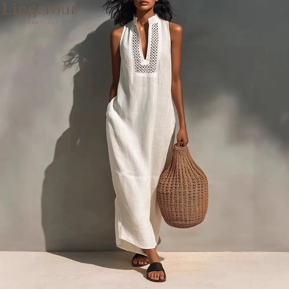 Minimalist Linen Halter Maxi Dress | Sleeveless Office-to-Resort Wear - White / XS
