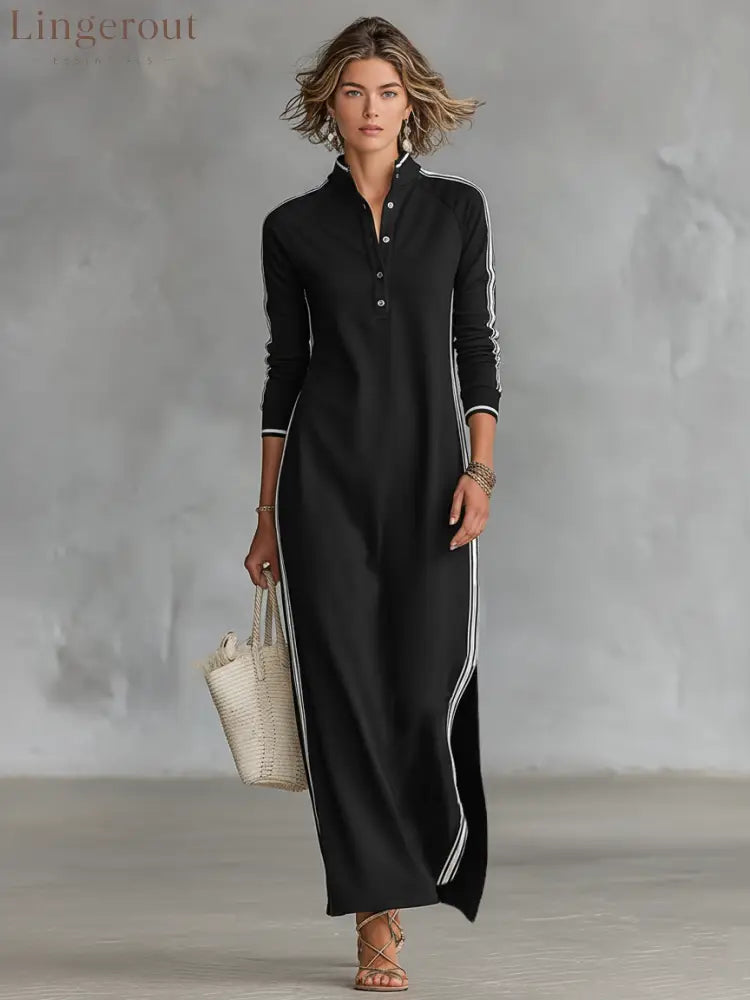 Minimalist White-trimmed Button-down Collar Sweatshirt Dress Maxi Dress