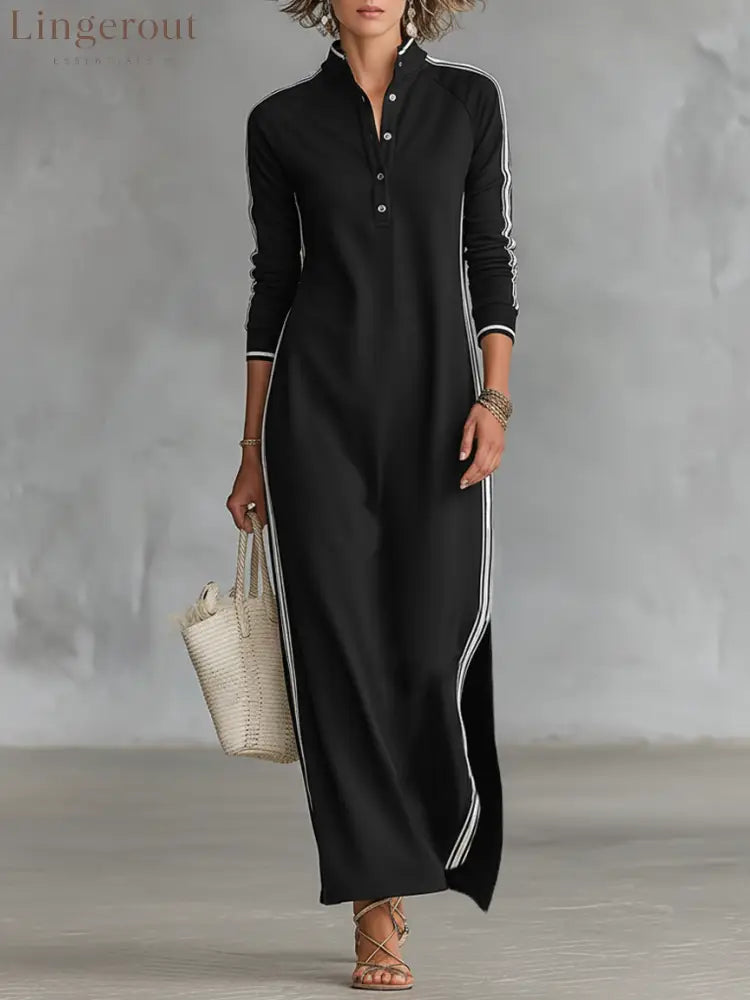 Minimalist White-trimmed Button-down Collar Sweatshirt Dress Maxi Dress - Black / XS