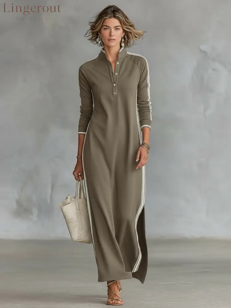 Minimalist White-trimmed Button-down Collar Sweatshirt Dress Maxi Dress - Khaki / XS