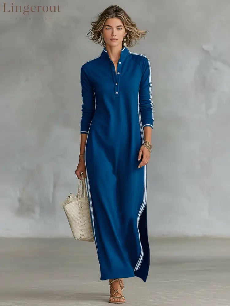 Minimalist White-trimmed Button-down Collar Sweatshirt Dress Maxi Dress - Royal Blue / XS
