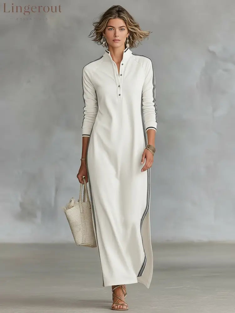 Minimalist White-trimmed Button-down Collar Sweatshirt Dress Maxi Dress - White / XS
