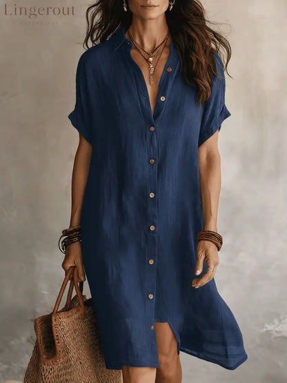 Modern Boho Effortless Black Linen Relaxed Midi Dress - Blue / XS