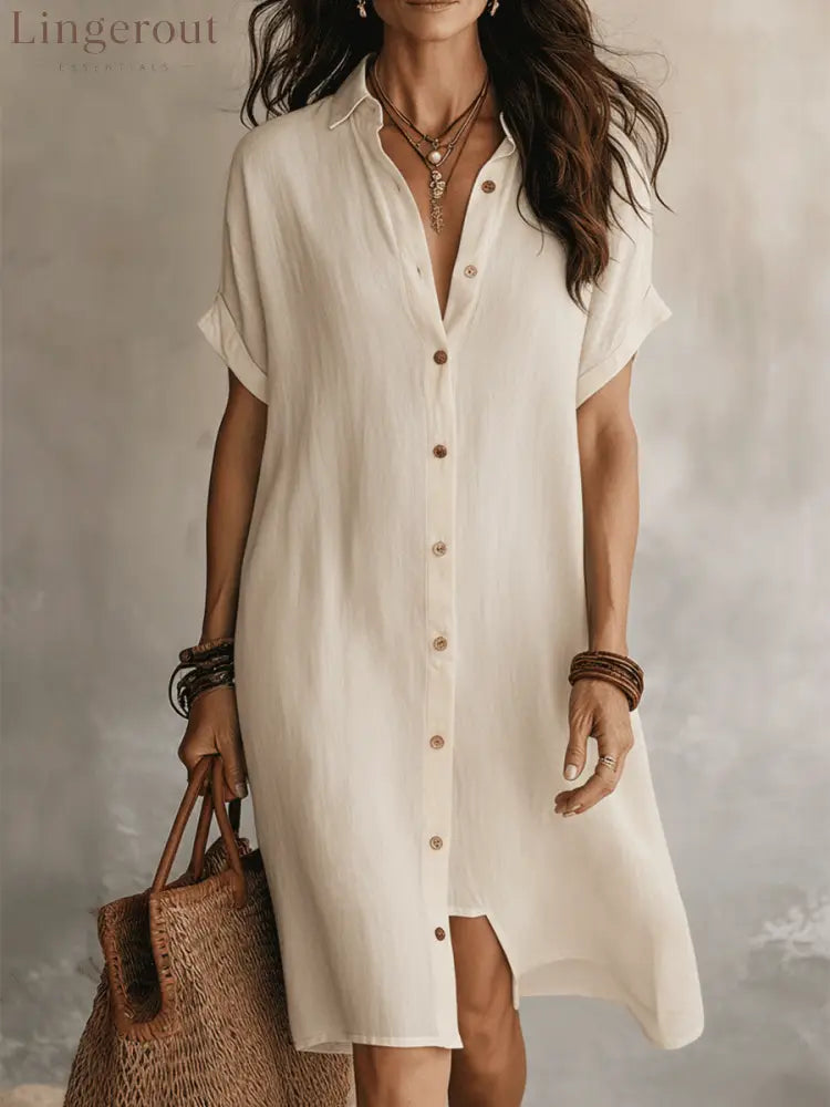 Modern Boho Effortless Black Linen Relaxed Midi Dress - White / XS