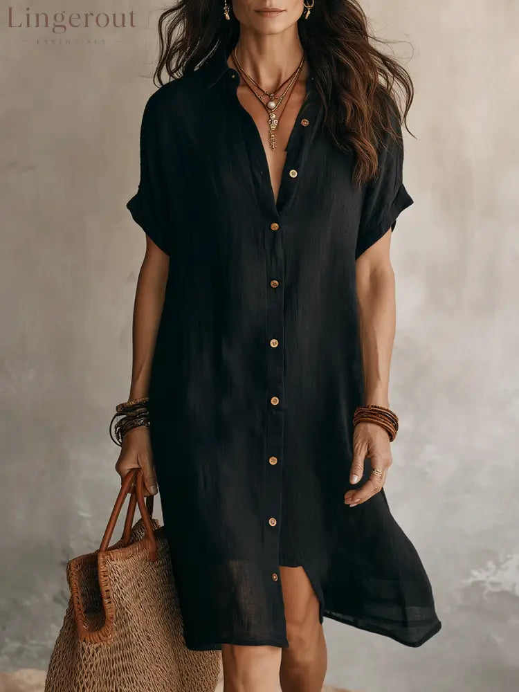 Modern Boho Effortless Black Linen Relaxed Midi Dress - Black / XS