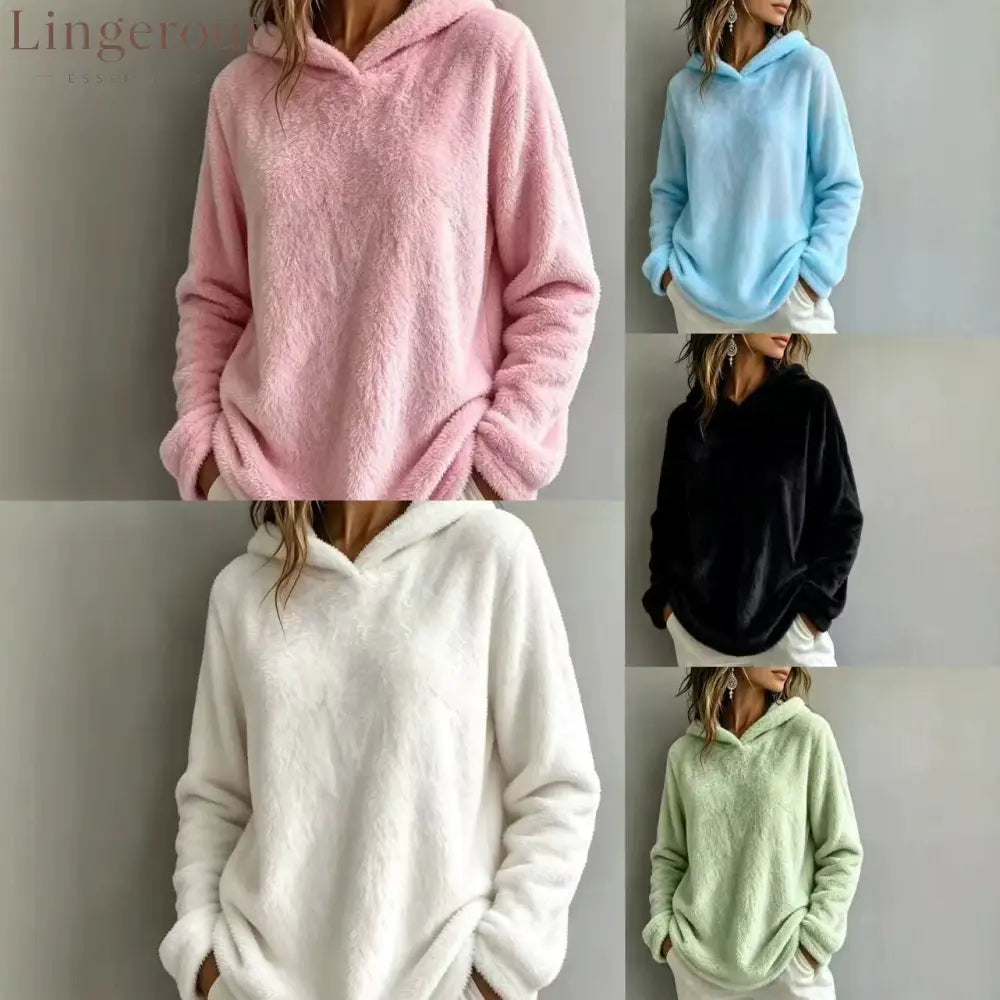 Multi-Color Fuzzy Fleece Hooded Casual Sweatshirt