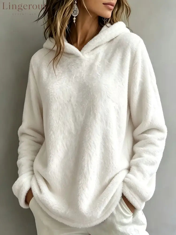 Multi-Color Fuzzy Fleece Hooded Casual Sweatshirt - White / S