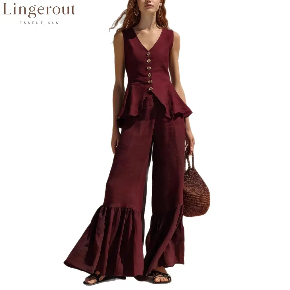 Mustard Linen-Blend Peplum Top & Ruffled Wide-Leg Pants Set