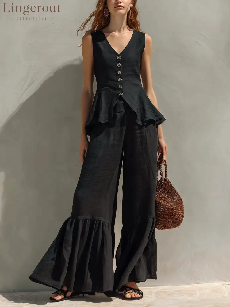 Mustard Linen-Blend Peplum Top & Ruffled Wide-Leg Pants Set - Black / S