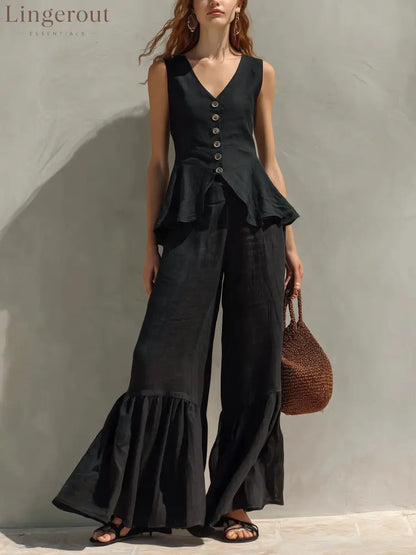 Mustard Linen-Blend Peplum Top & Ruffled Wide-Leg Pants Set - Black / S