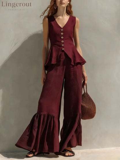 Mustard Linen-Blend Peplum Top & Ruffled Wide-Leg Pants Set - Deep red / S