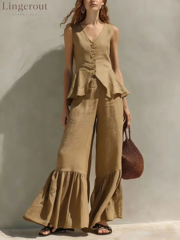 Mustard Linen-Blend Peplum Top & Ruffled Wide-Leg Pants Set - Khaki / S