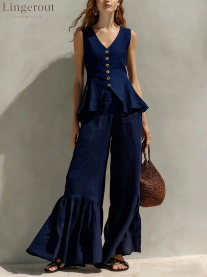 Mustard Linen-Blend Peplum Top & Ruffled Wide-Leg Pants Set - Navy blue / S