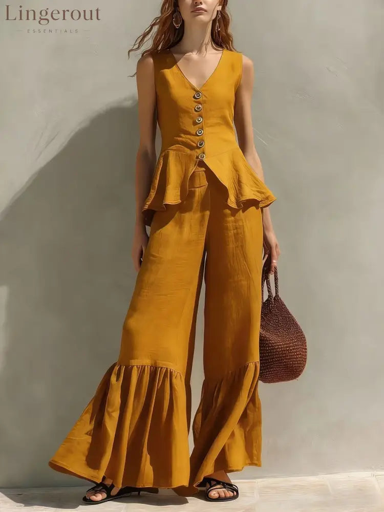 Mustard Linen-Blend Peplum Top & Ruffled Wide-Leg Pants Set - Yellow / S
