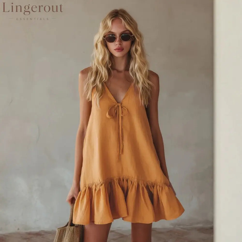 Mustard Tie Front Spaghetti Strap Linen Mini Dress