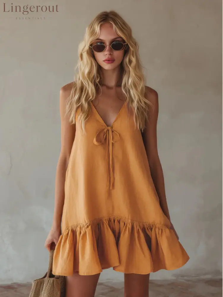 Mustard Tie Front Spaghetti Strap Linen Mini Dress - Ginger yellow / S