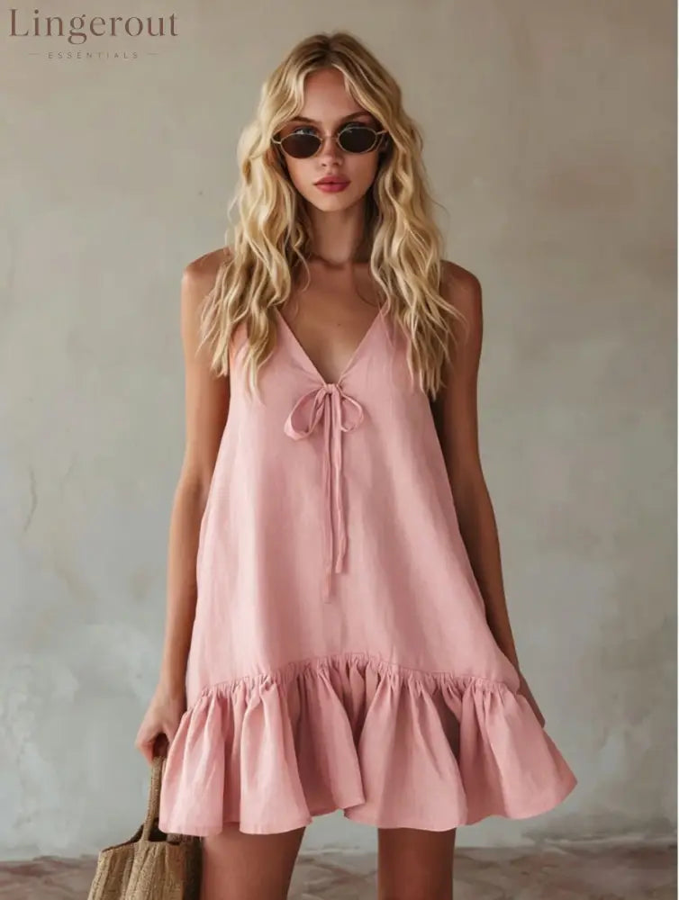 Mustard Tie Front Spaghetti Strap Linen Mini Dress - Pink / S