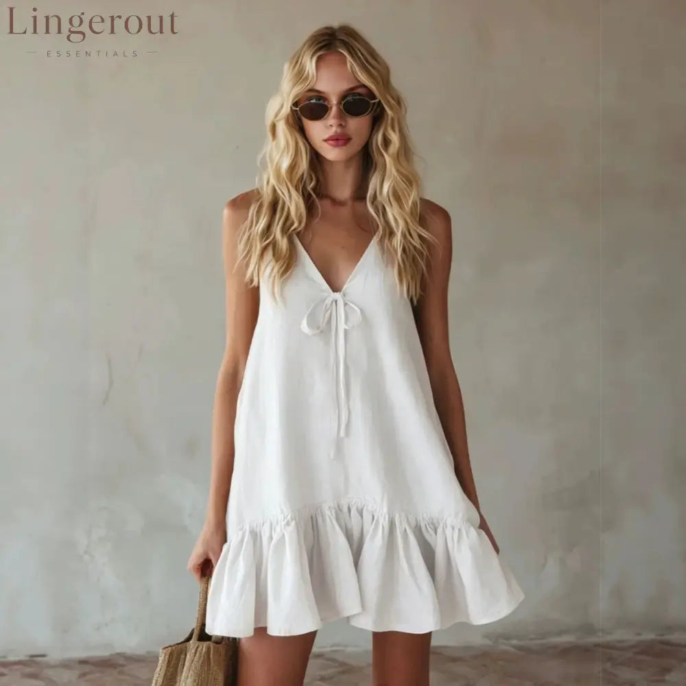 Mustard Tie Front Spaghetti Strap Linen Mini Dress - White / S