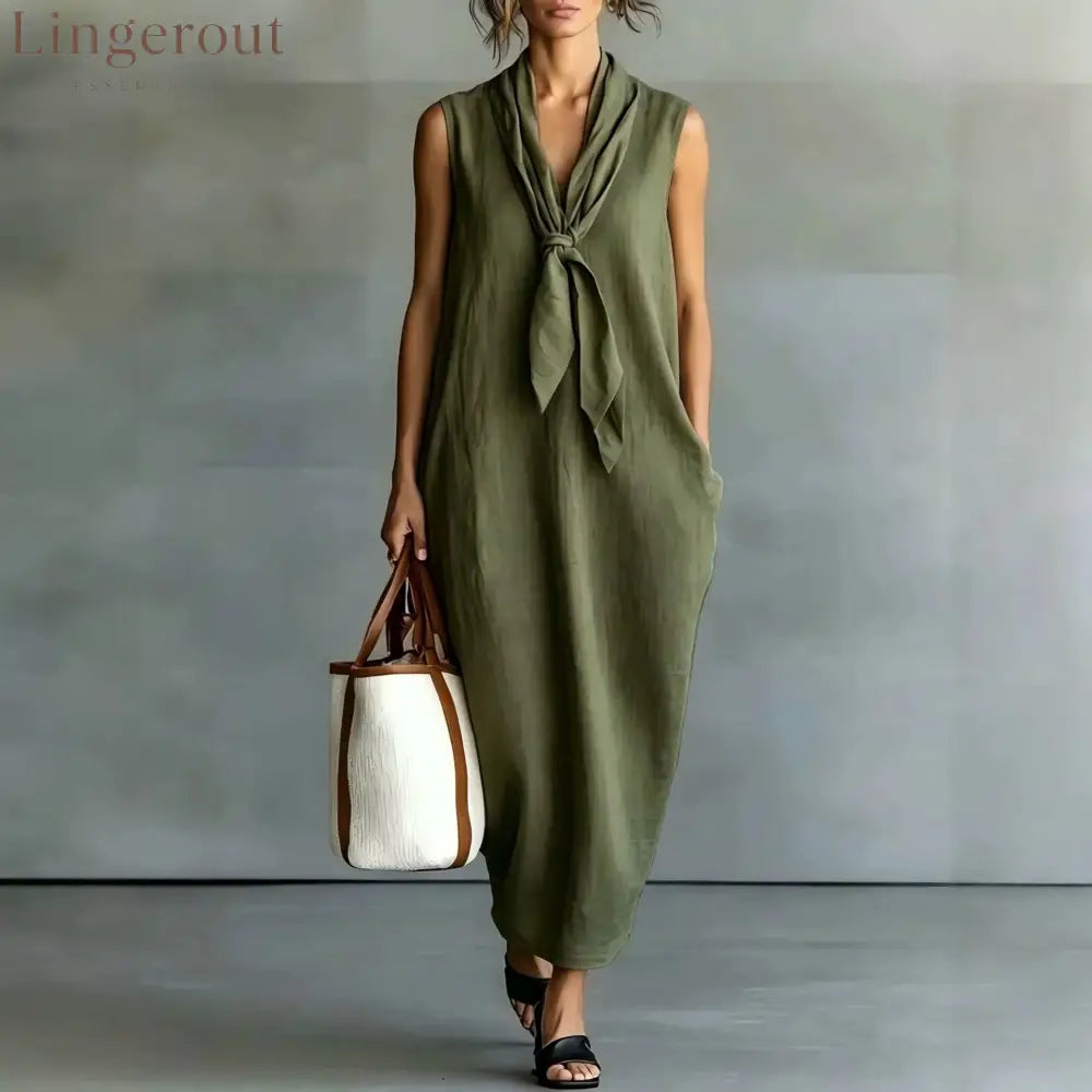 Natural Beige Linen Sleeveless Front Tie Knot Midi Shift Dress