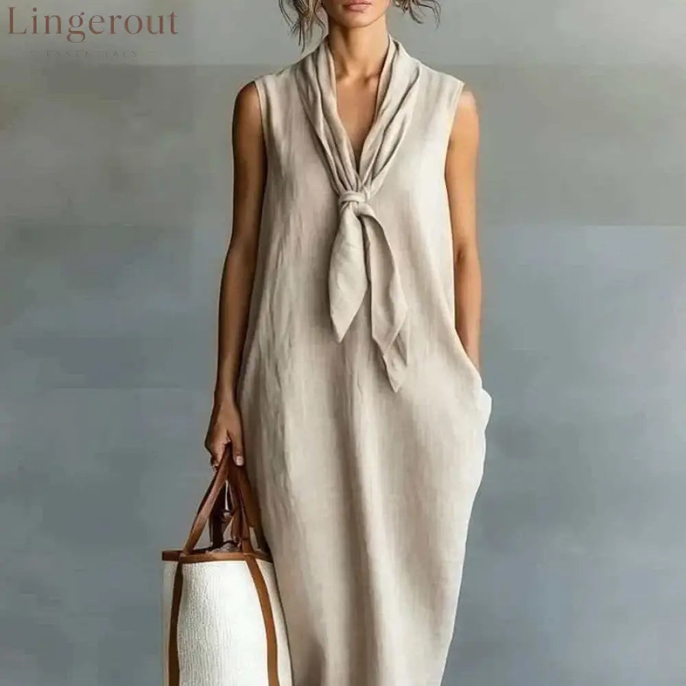 Natural Beige Linen Sleeveless Front Tie Knot Midi Shift Dress