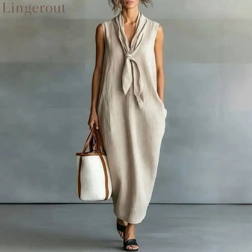 Natural Beige Linen Sleeveless Front Tie Knot Midi Shift Dress
